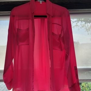 BRIGHT pink sheer Express Portofino Shirt Blouse in Medium